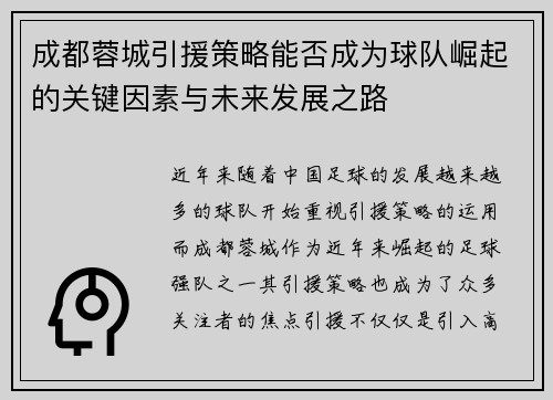 成都蓉城引援策略能否成为球队崛起的关键因素与未来发展之路