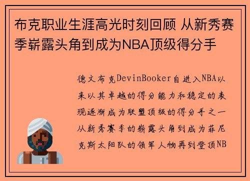 布克职业生涯高光时刻回顾 从新秀赛季崭露头角到成为NBA顶级得分手