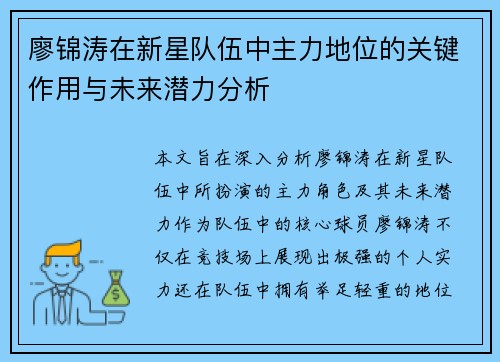廖锦涛在新星队伍中主力地位的关键作用与未来潜力分析